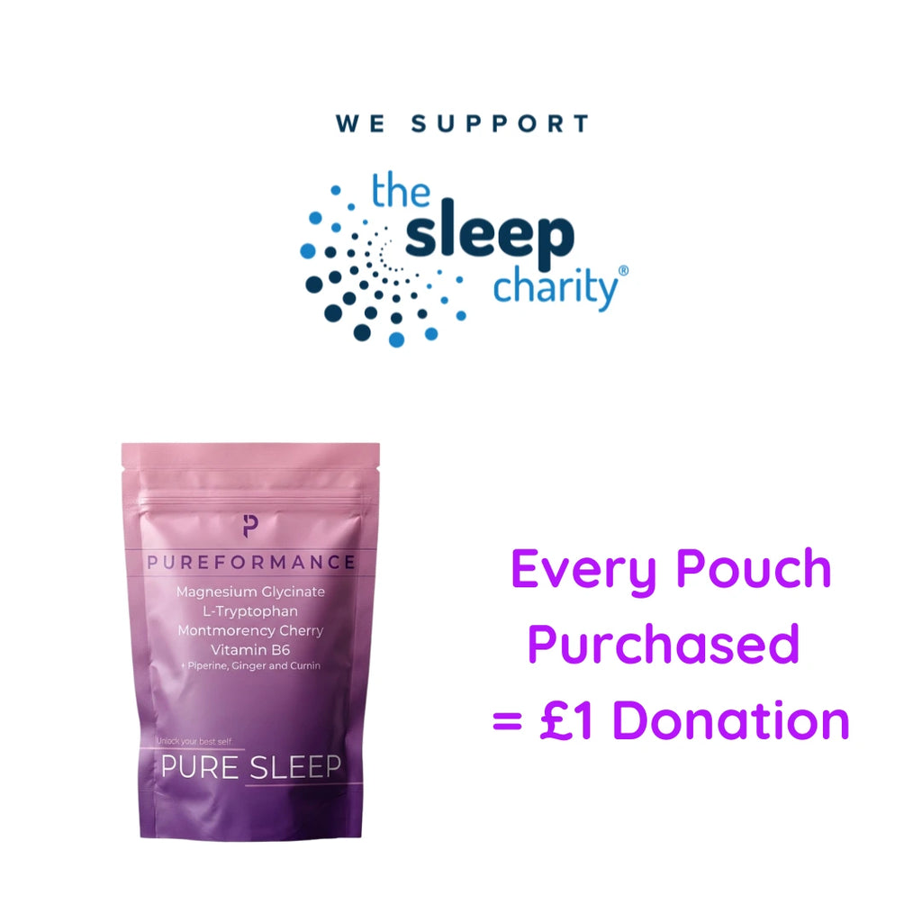 image with a Pure Sleep natural magnesium sleep supplement pouch below the logo of The Sleep Charity with text saying 'Every Pouch Purchased = £1 Donation' 