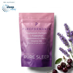 Pure Sleep natural magnesium sleep supplement pouch with a 'We Support The Sleep Charity' Logo in the top left corner