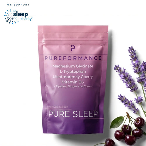Pure Sleep natural magnesium sleep supplement pouch with a 'We Support The Sleep Charity' Logo in the top left corner